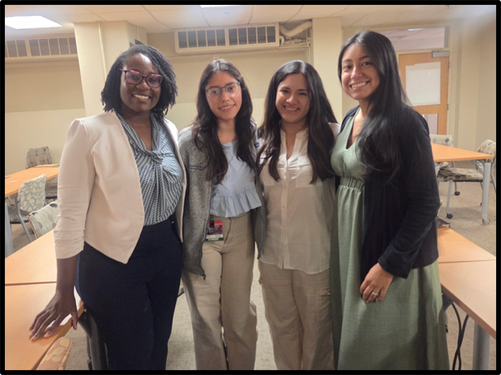 ASPN JEDI Committee Co-Chairs Yonique Petgrave and Lela Villegas with Boston University LMSA chapter members Ximena Beltran and Luz Cumpa during the “Connect and Champion” community event
