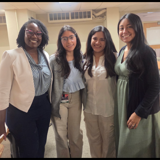 ASPN JEDI Committee Co-Chairs Yonique Petgrave and Lela Villegas with Boston University LMSA chapter members Ximena Beltran and Luz Cumpa during the “Connect and Champion” community event